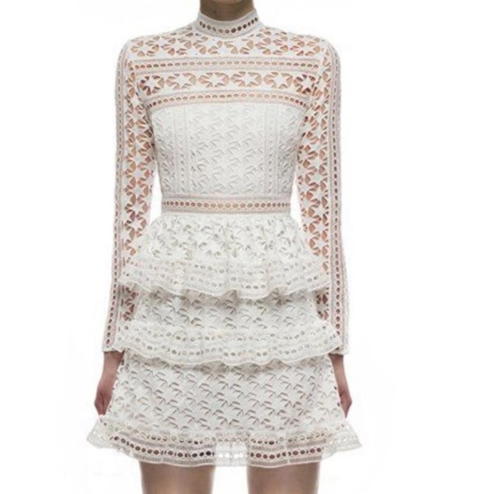 Self-Portrait Star Lace Tiered Mini Dress Ivory White SP18-037W US 10 j3